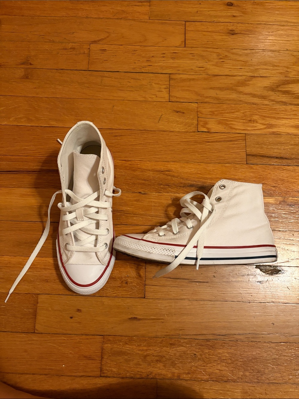 Kids White High-Top Canvas Sneakers with Red & Blue Stripe